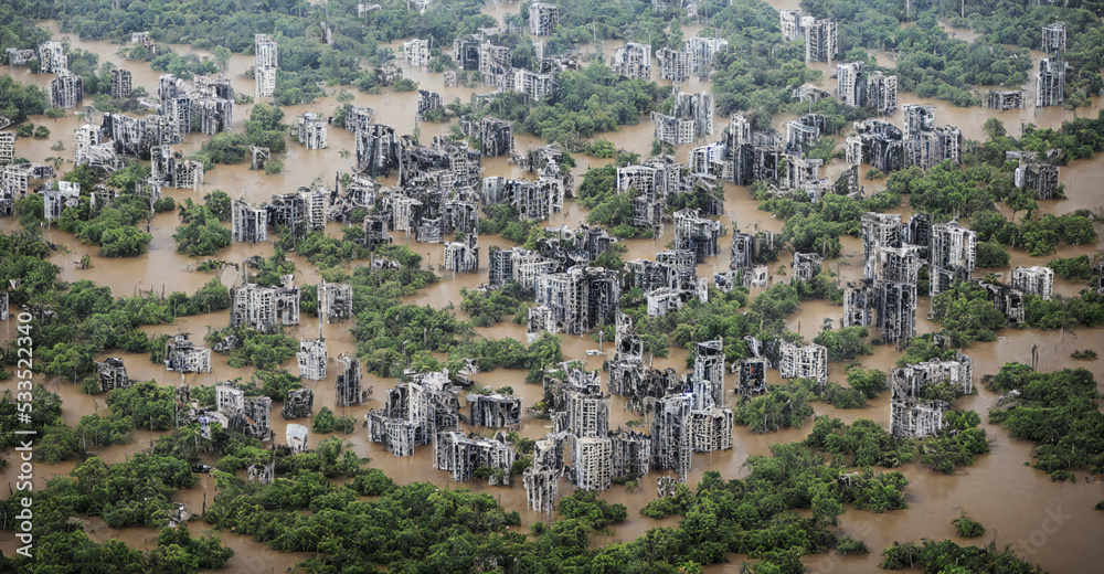 flooded and overgrown post-apocalyptic city, aerial view