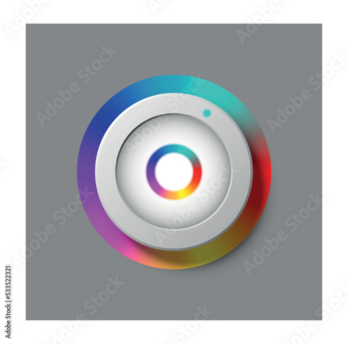 Adjustment round dial. Button with multicolored scale. Graphic element for changing highlight color. Red, green and blue. Interface for modern applications. Realistic 3D modern vector illustration
