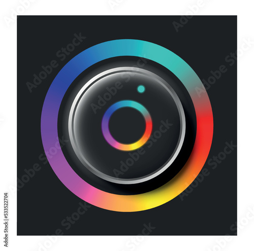 Adjustment round dial. Black button with multicolored bar around. Graphic element for settings menu, interface. Light color control. Red, green and blue, RGB. Realistic 3D modern vector illustration