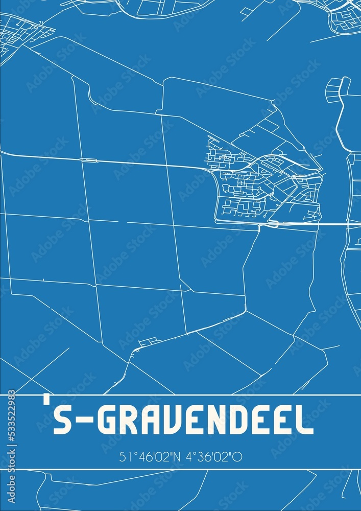 Blueprint of the map of 's-Gravendeel located in Zuid-Holland the Netherlands.