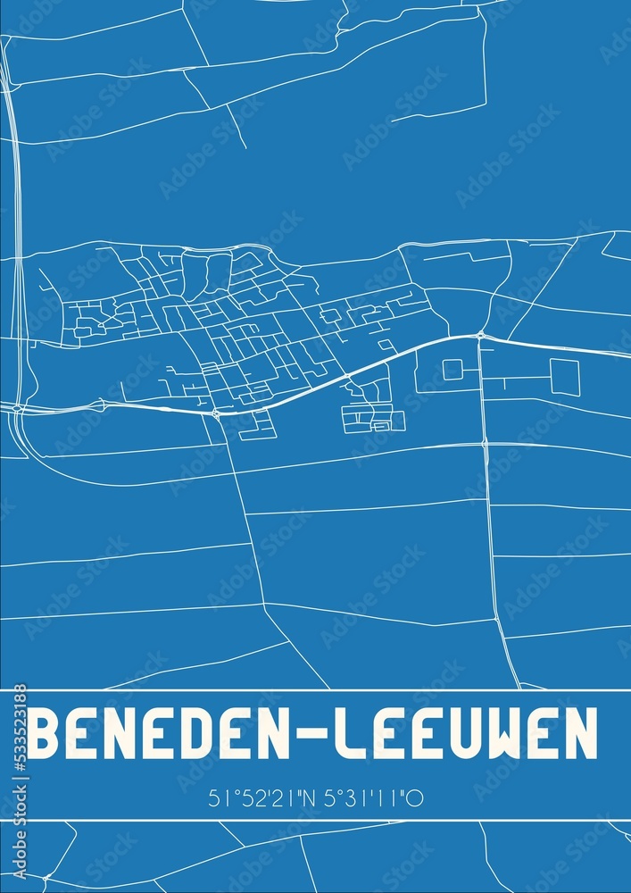 Blueprint of the map of Beneden-Leeuwen located in Gelderland the Netherlands.