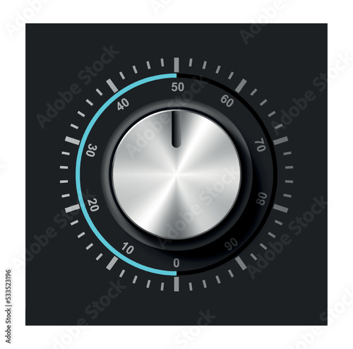 Adjustment round dial. Shiny gray button for volume control. Graphic element for development of programs and applications for editing and sound processing. Realistic 3D modern vector illustration