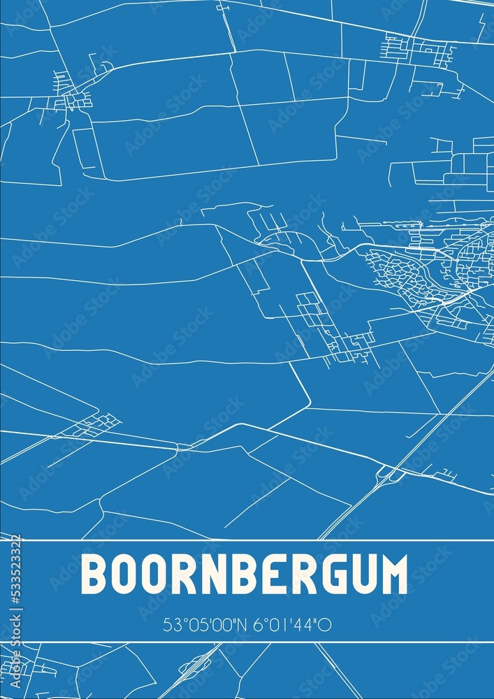 Blueprint of the map of Boornbergum located in Fryslan the Netherlands.