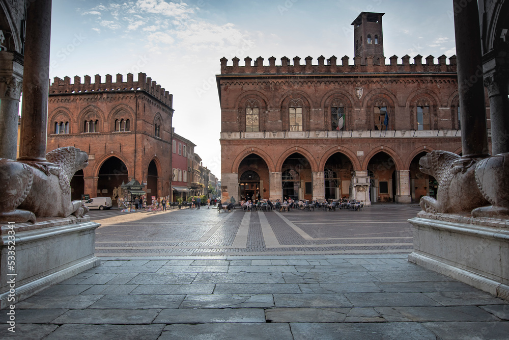 Piazza del Comune, Cremona: there are several historic buildings built with the typical Lombard red bricks and the cathedral.