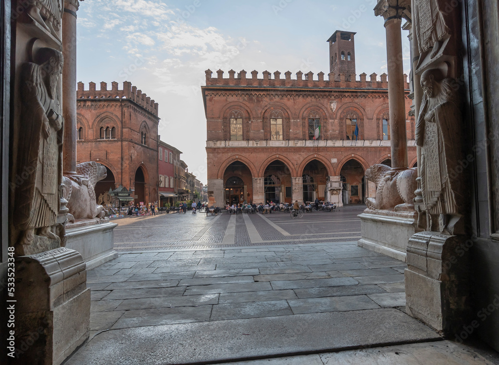 Piazza del Comune, Cremona: there are several historic buildings built with the typical Lombard red bricks and the cathedral.