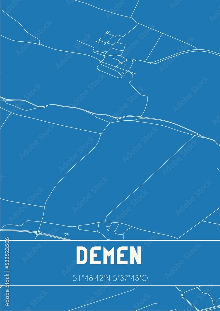 Blueprint of the map of Demen located in Noord-Brabant the Netherlands.