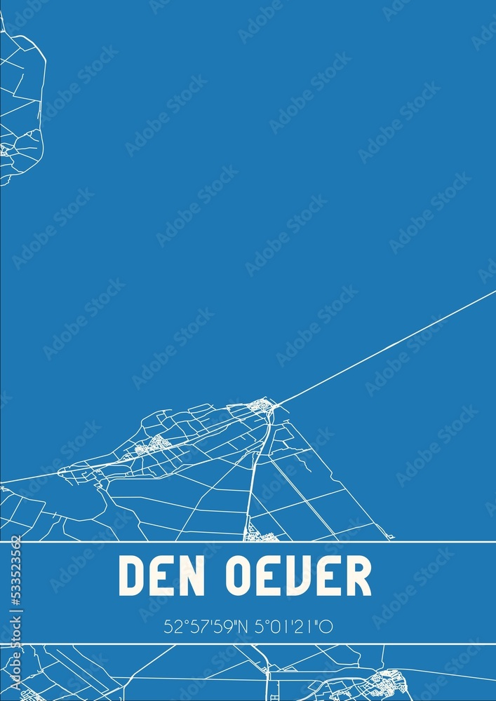 Blueprint of the map of Den Oever located in Noord-Holland the Netherlands.