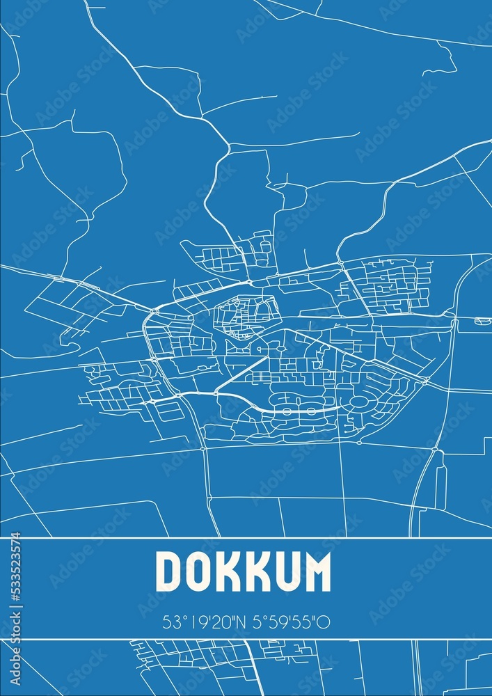 Blueprint of the map of Dokkum located in Fryslan the Netherlands.