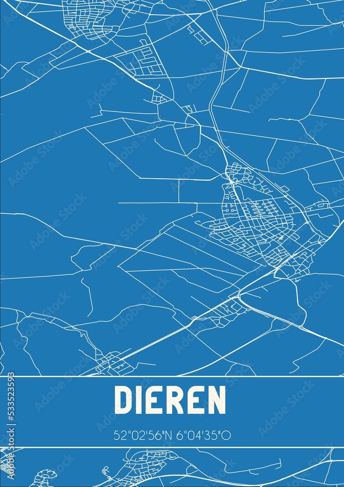 Blueprint of the map of Dieren located in Gelderland the Netherlands.