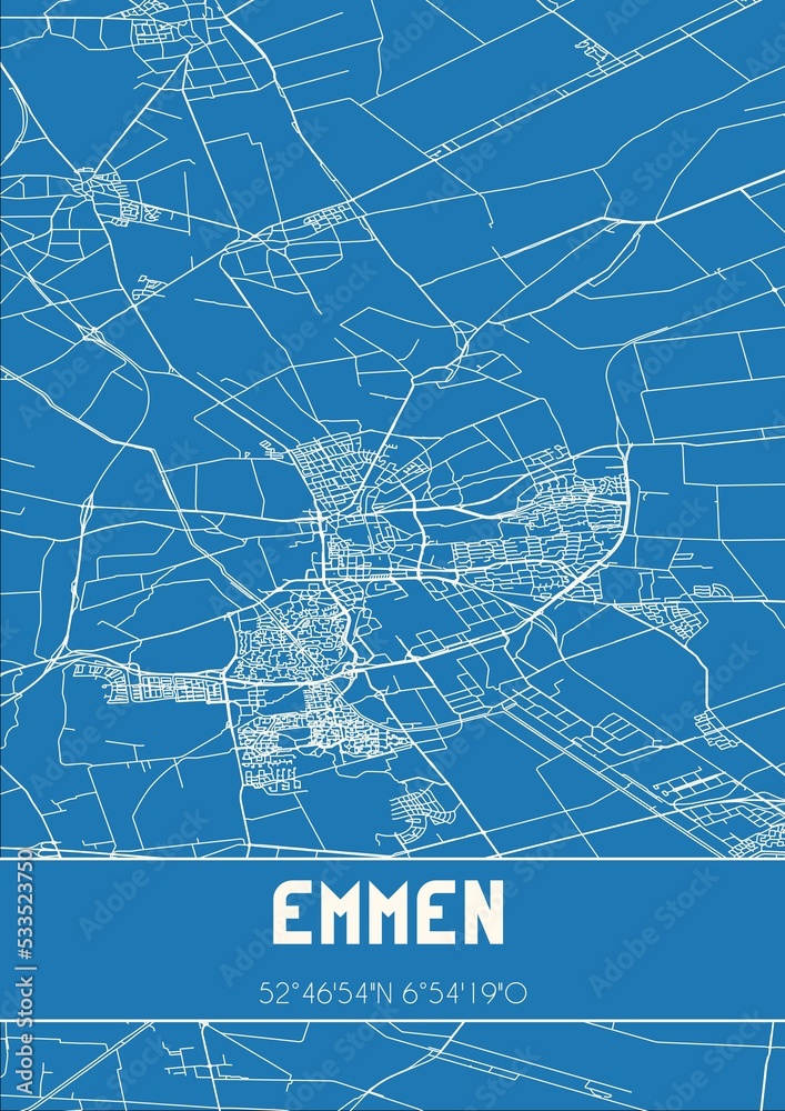 Blueprint of the map of Emmen located in Drenthe the Netherlands.
