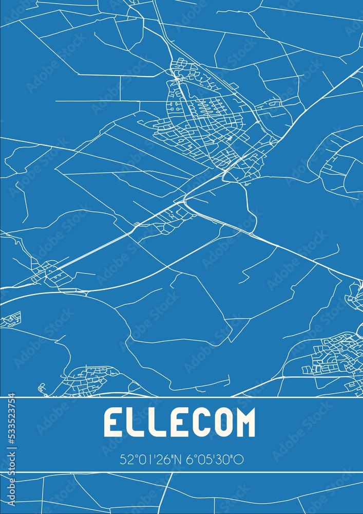 Blueprint of the map of Ellecom located in Gelderland the Netherlands. Blueprint of the map of Ellecom located in Gelderland the Netherlands.