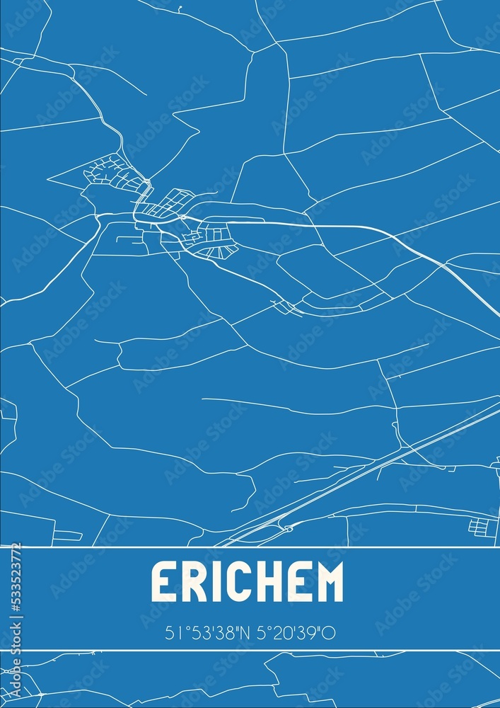 Blueprint of the map of Erichem located in Gelderland the Netherlands.