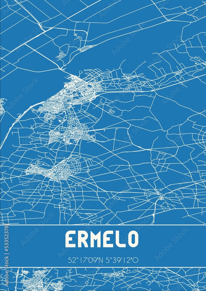 Blueprint of the map of Ermelo located in Gelderland the Netherlands.