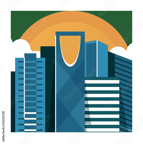 Saudi Arabia National Day. Skyscrapers against backdrop of sun, developing countries. Islamic holiday. Traditions and culture, ethnicity. Graphic element for website. Cartoon flat vector illustration