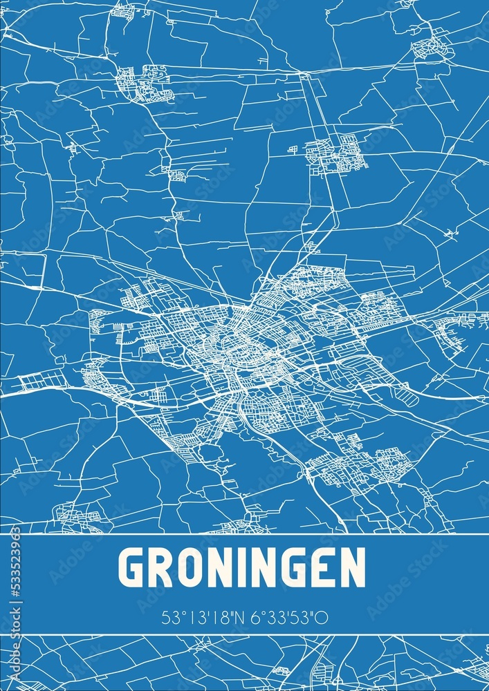 Blueprint of the map of Groningen located in Groningen the Netherlands.