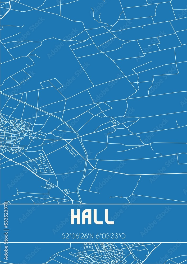 Blueprint of the map of Hall located in Gelderland the Netherlands.