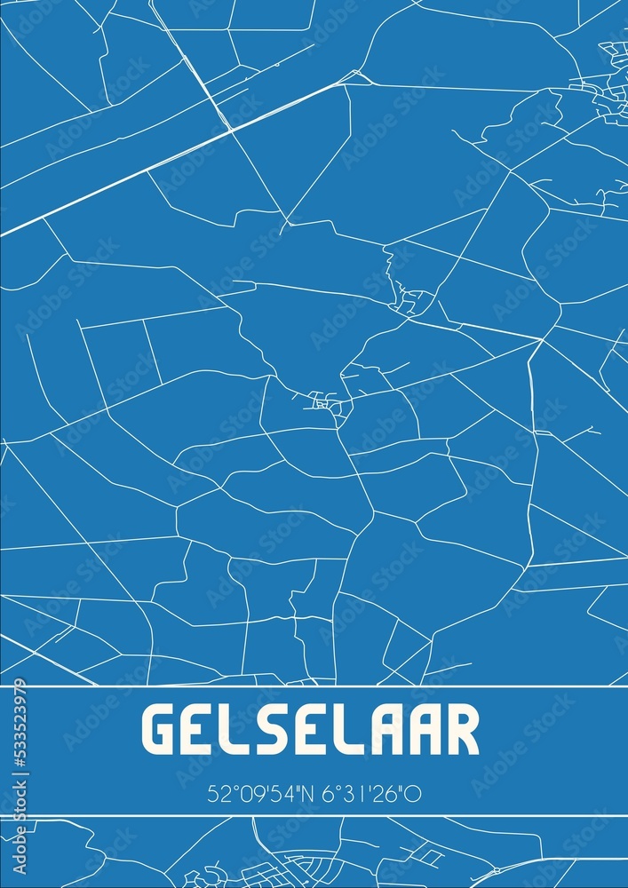 Blueprint of the map of Gelselaar located in Gelderland the Netherlands.