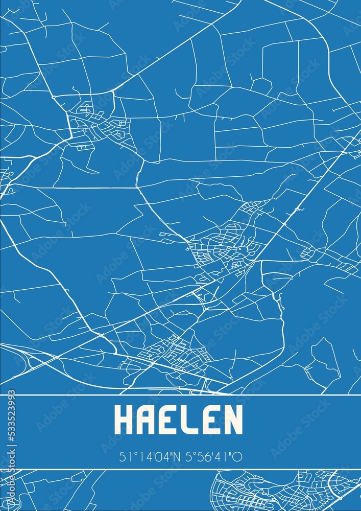 Blueprint of the map of Haelen located in Limburg the Netherlands.