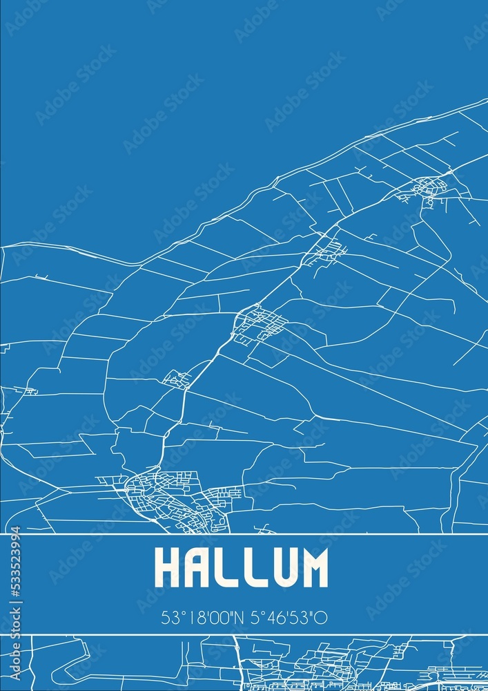 Blueprint of the map of Hallum located in Fryslan the Netherlands.