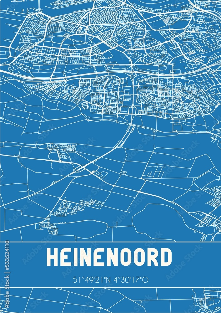 Fototapeta premium Blueprint of the map of Heinenoord located in Zuid-Holland the Netherlands.