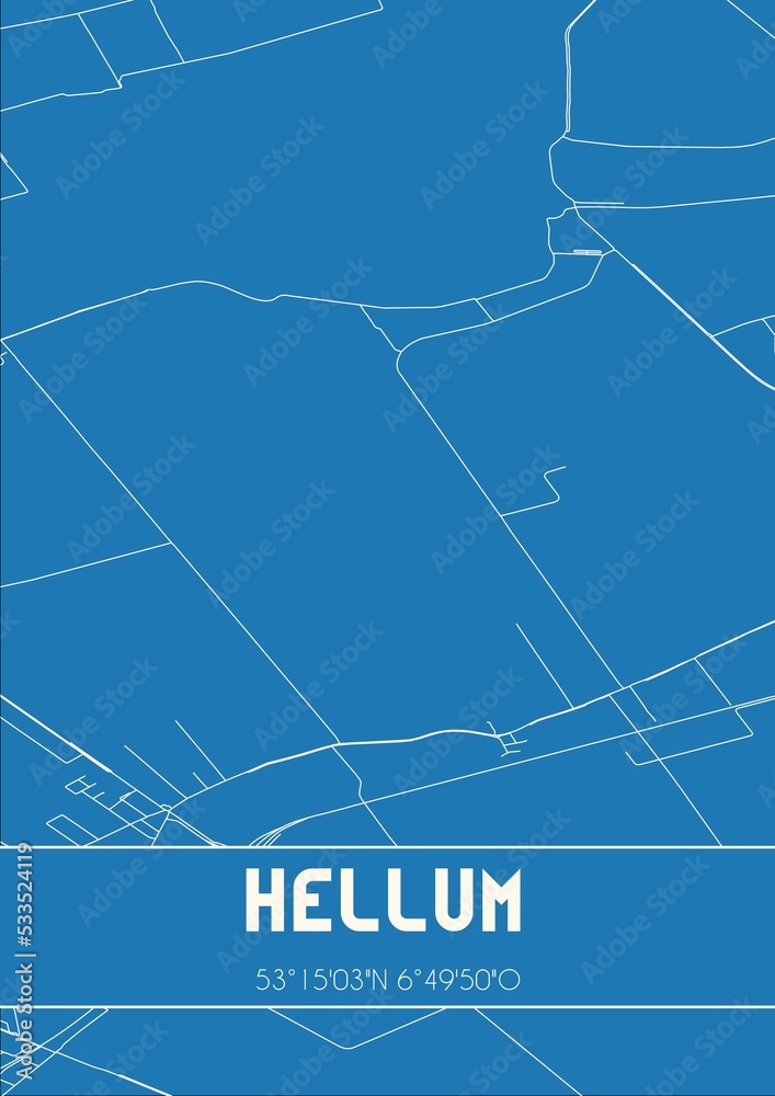 Blueprint of the map of Hellum located in Groningen the Netherlands.