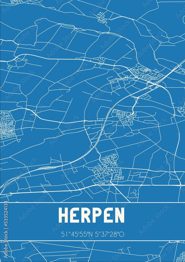 Blueprint of the map of Herpen located in Noord-Brabant the Netherlands.