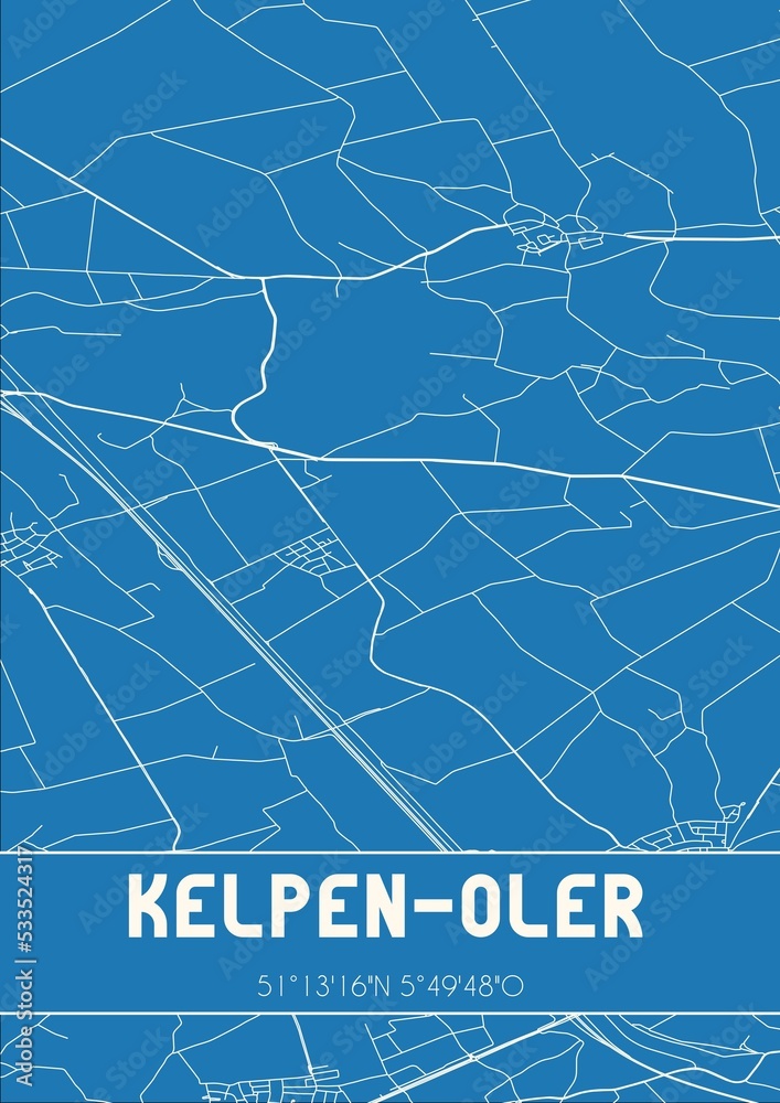 Blueprint of the map of Kelpen-Oler located in Limburg the Netherlands.