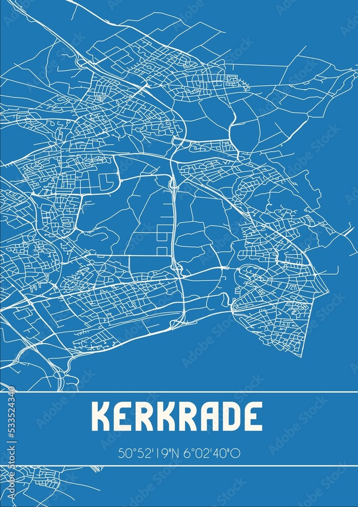 Blueprint of the map of Kerkrade located in Limburg the Netherlands.