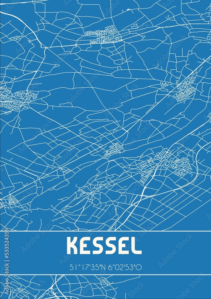 Blueprint of the map of Kessel located in Limburg the Netherlands.