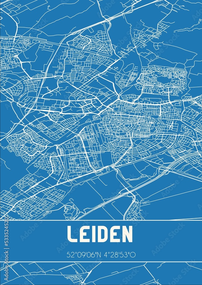 Blueprint of the map of Leiden located in Zuid-Holland the Netherlands.
