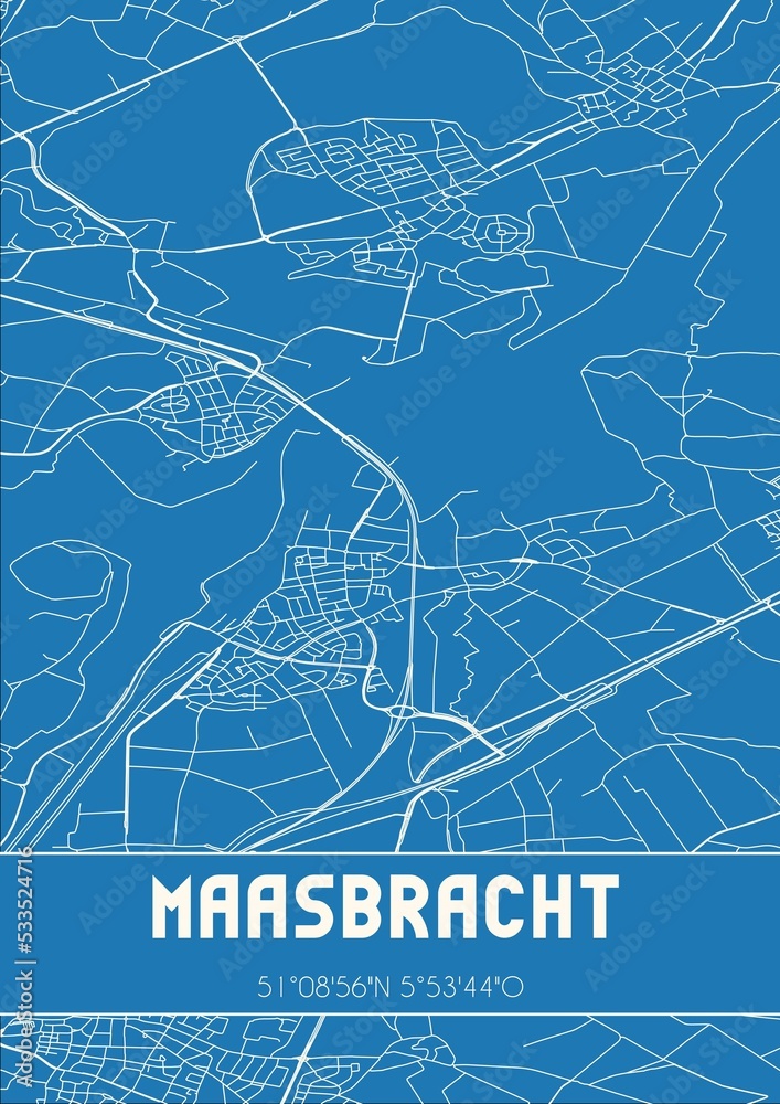 Blueprint of the map of Maasbracht located in Limburg the Netherlands.