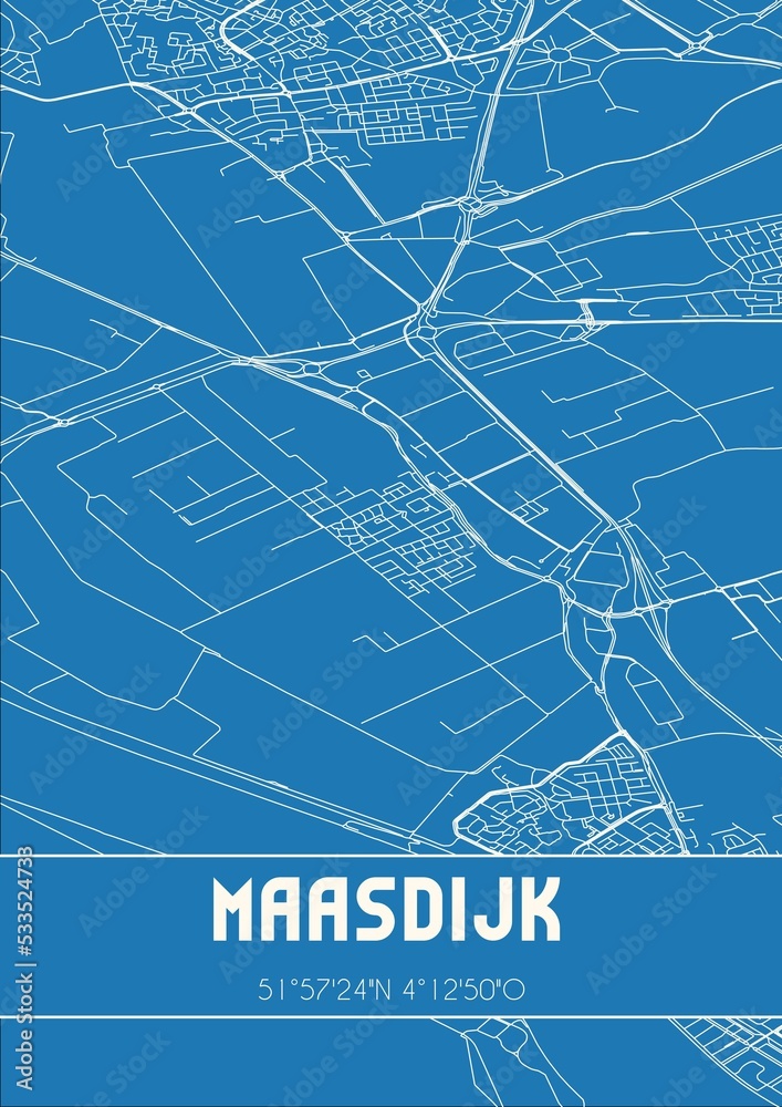 Blueprint of the map of Maasdijk located in Zuid-Holland the Netherlands.