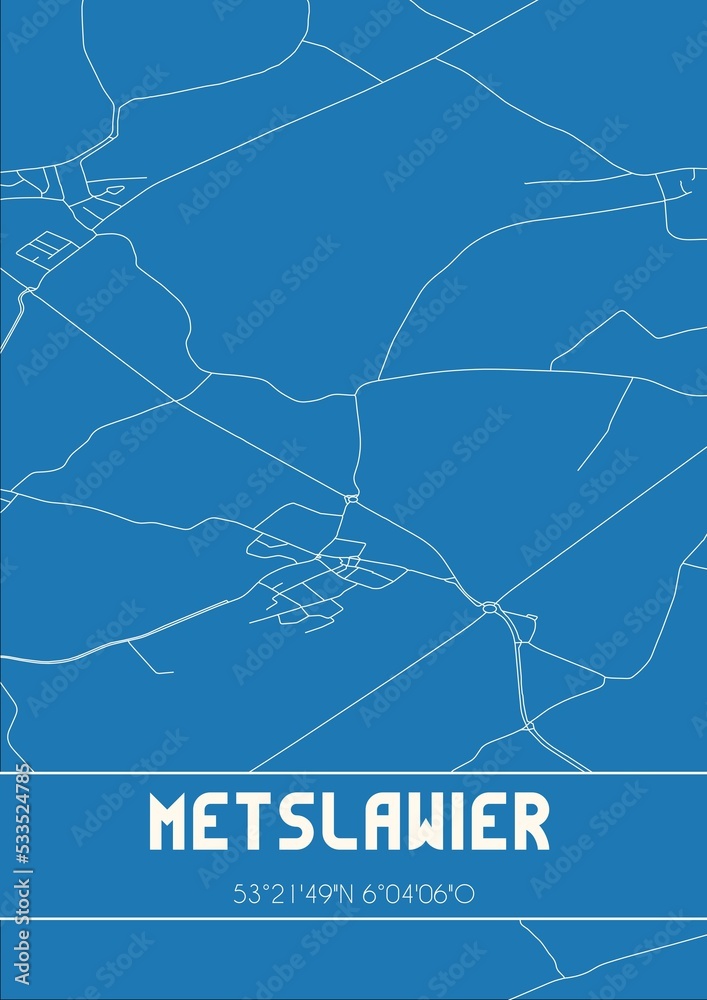 Blueprint of the map of Metslawier located in Fryslan the Netherlands.