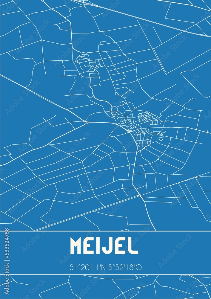 Blueprint of the map of Meijel located in Limburg the Netherlands.
