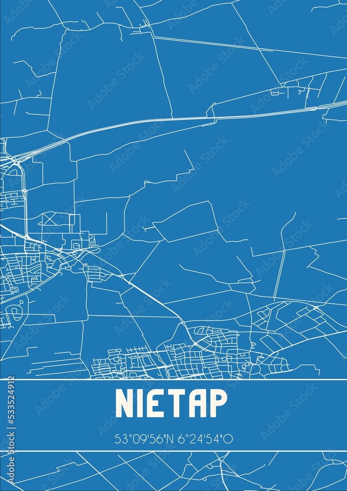Blueprint of the map of Nietap located in Drenthe the Netherlands.