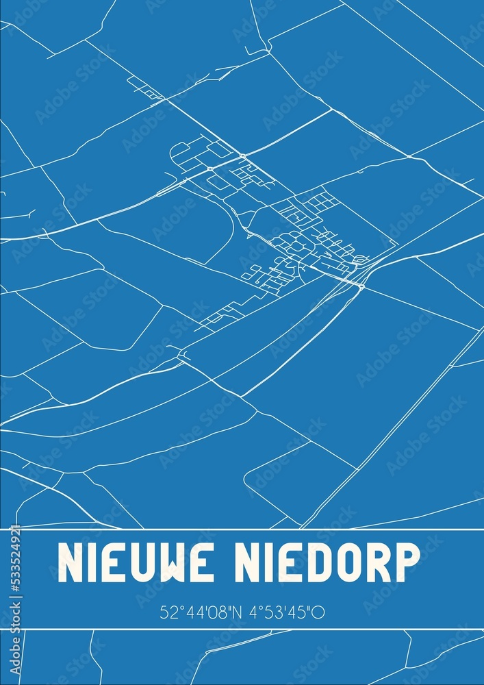 Blueprint of the map of Nieuwe Niedorp located in Noord-Holland the Netherlands.