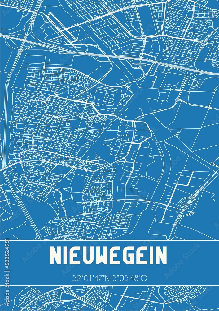 Blueprint of the map of Nieuwegein located in Utrecht the Netherlands.