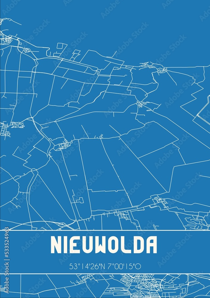 Blueprint of the map of Nieuwolda located in Groningen the Netherlands.
