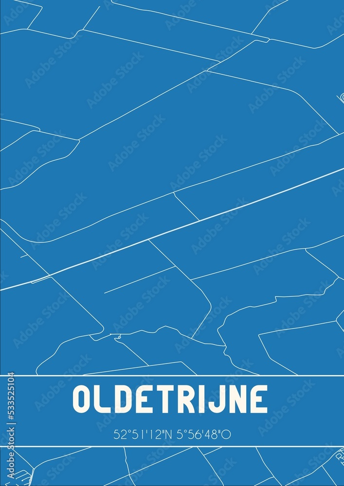 Blueprint of the map of Oldetrijne located in Fryslan the Netherlands.