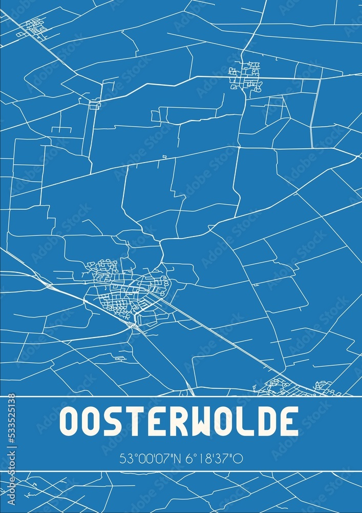 Blueprint of the map of Oosterwolde located in Fryslan the Netherlands.