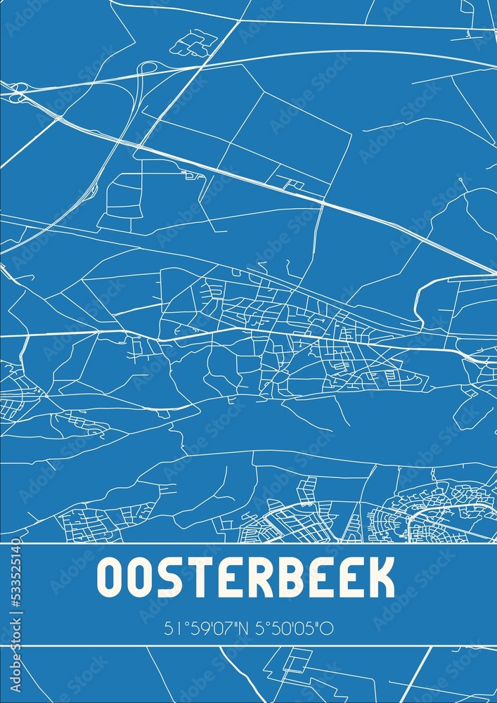 Blueprint of the map of Oosterbeek located in Gelderland the Netherlands.