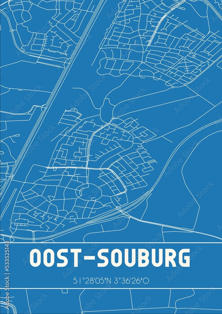 Blueprint of the map of Oost-Souburg located in Zeeland the Netherlands.