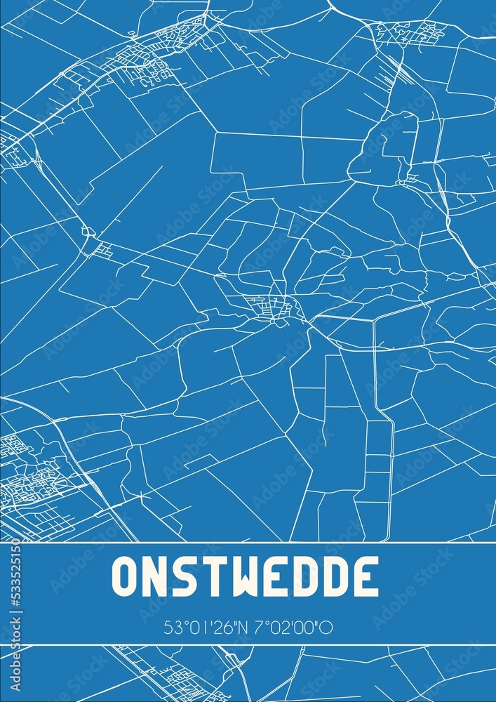 Blueprint of the map of Onstwedde located in Groningen the Netherlands.