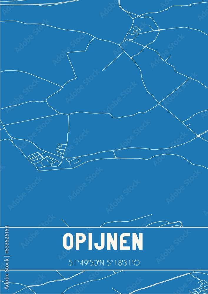 Blueprint of the map of Opijnen located in Gelderland the Netherlands.