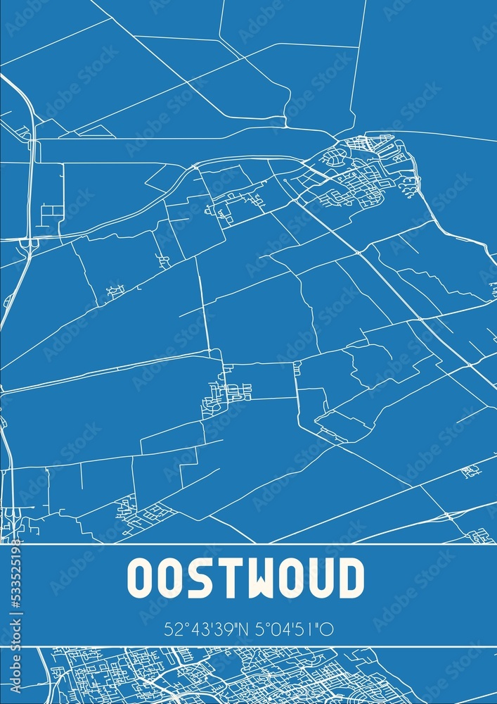 Blueprint of the map of Oostwoud located in Noord-Holland the Netherlands.