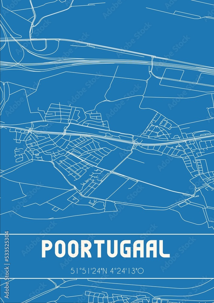 Blueprint of the map of Poortugaal located in Zuid-Holland the Netherlands.