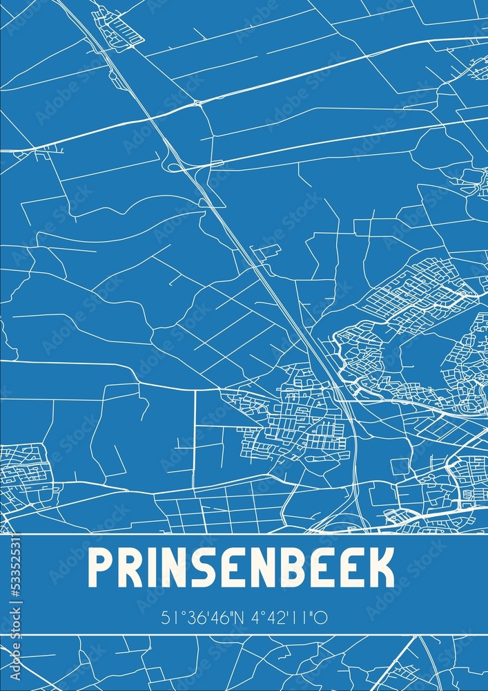 Blueprint of the map of Prinsenbeek located in Noord-Brabant the Netherlands.