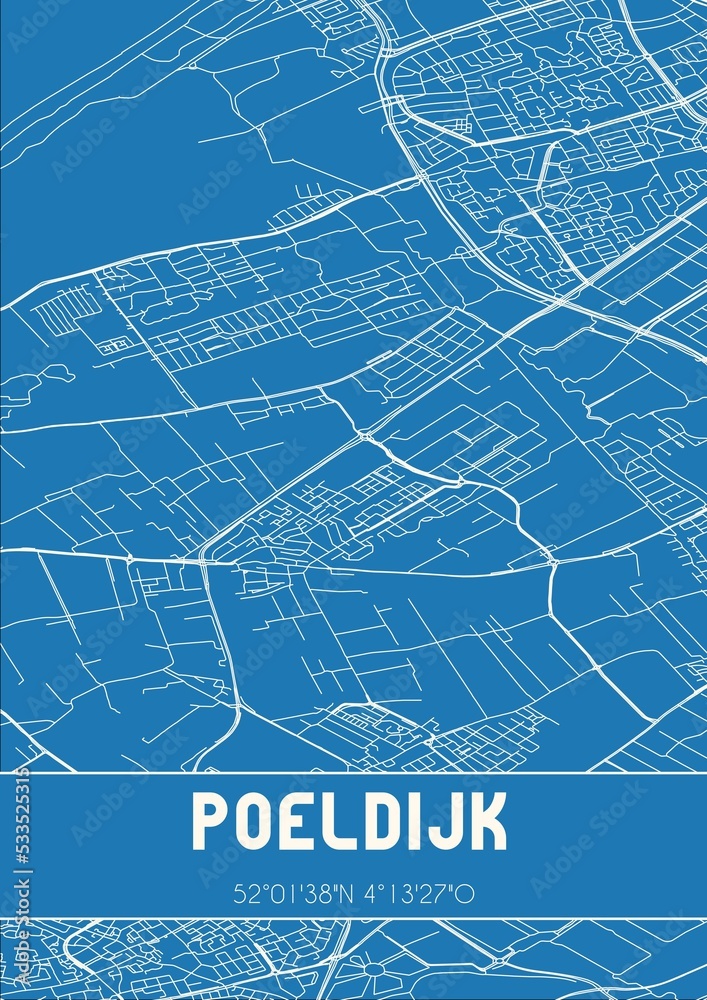 Blueprint of the map of Poeldijk located in Zuid-Holland the Netherlands.