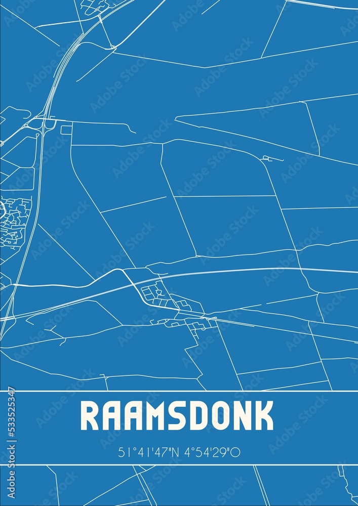 Blueprint of the map of Raamsdonk located in Noord-Brabant the Netherlands.