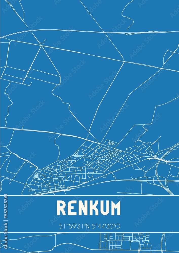 Blueprint of the map of Renkum located in Gelderland the Netherlands.